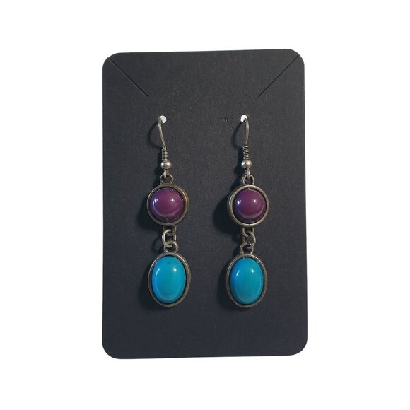 Beaded Dangle Earrings Double Drop Purple Blue Color Accents Hook Boho Gift Mom - Picture 1 of 3